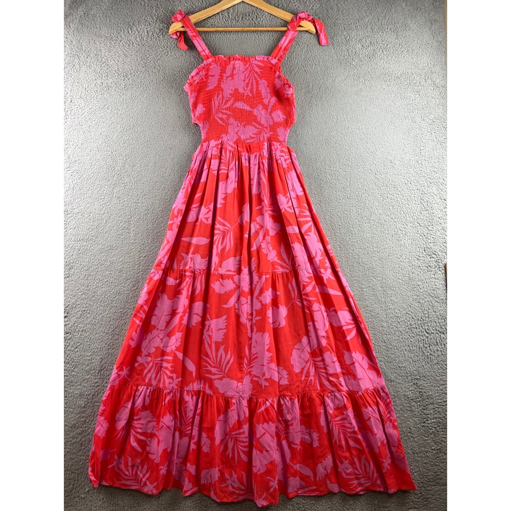 Japna Womens Red Pink Tropical Floral Smocked Cut Out Tiered Maxi Dress Large